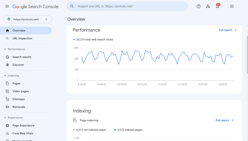 Google Search Console tableau de bord